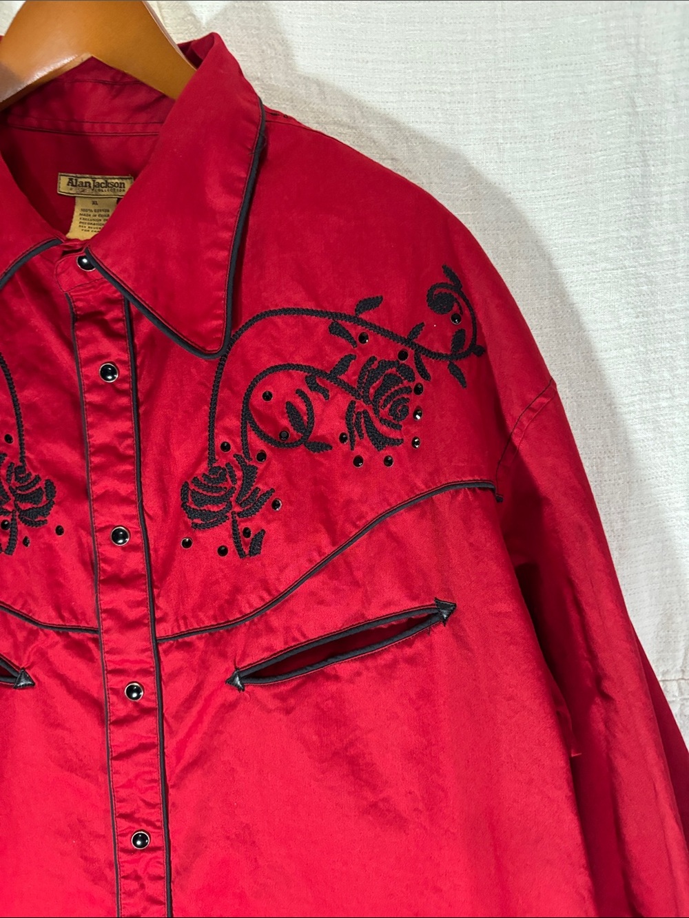 VTG Alan Jackson Collection Red Western Pearl Snap Shirt Rose Embroidered XL EUC - Picture 3 of 10